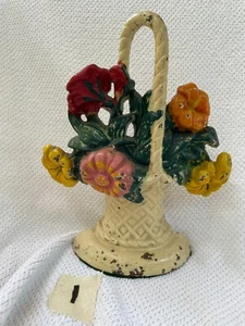 Vintage 9,5" Hubley Gusseisen Türstopper - Petunien & Gänseblümchen im Blumenkorb #1 - Bild 1 von 2