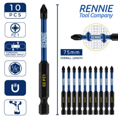 10 x PZ1 75mm Long Magnetic Impact Duty Screwdriver Drill Driver Bits Pozi NO.1 - Image 1 of 4
