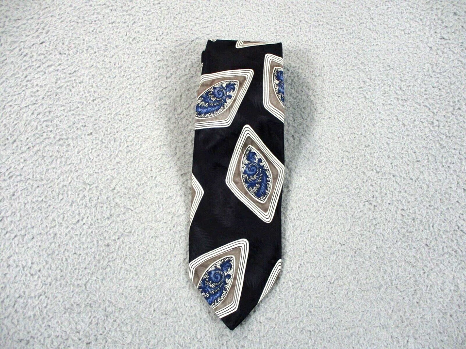 ВИНТАЖНЫЙ мужской черный синий геометрический шелковый галстук Oscar De La Renta США карьера - Изображение 1 из 4