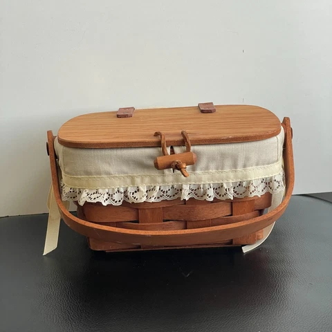 Longaberger 1989 Sewing Picnic Small Basket with Lid & Swing Handle Liner Cover