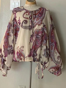 Blusa beige trasparente top con volant manica lunga stampa multicolore taglia M bianco giglio - Foto 1 di 9
