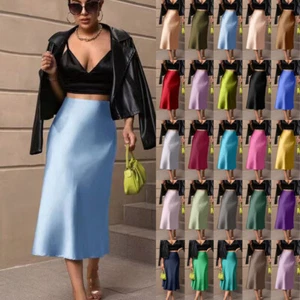 Elegant Ladies Satin Silk A line Skirts Long OL Dress High Zipper Waist Party UK - Picture 1 of 31