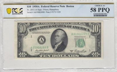 $10 1950A FEDERAL RESERVE NOTE Fr.2011-A PCGS CHOICE AU 58 PPQ - Image 1 of 2