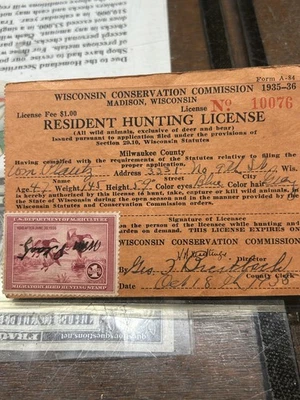 1935  Federal Duck Stamp on Wisconsin Hunting License - Image 1 of 2