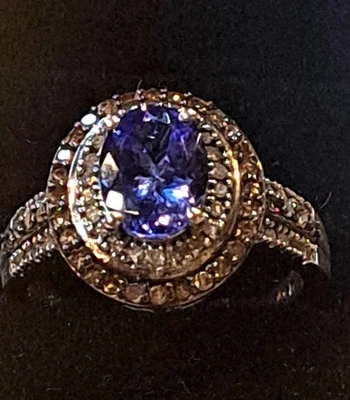 Nat. Tanzanita, branco e China. diamantes 0,55 ct Dbl. Halo banhado a ródio sobre SS 2.25 - Imagem 1 de 4