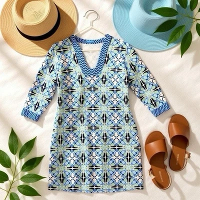 Vestido J. McLaughlin Gisel Azul Blanco Geométrico M Vela Catalina Tela Mangas 3/4 Foto 1 de 4