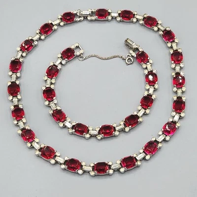 Vintage Signed Jomaz Mazer Ruby Red Cushion Cut Baguette Glass Necklace Bracelet - Image 1 of 4