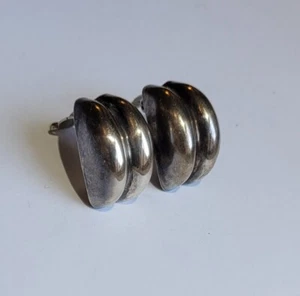 Vintage Sterling Silver TURE Wide Curved Design Hollow Clip On Earrings Signed - Picture 1 of 9