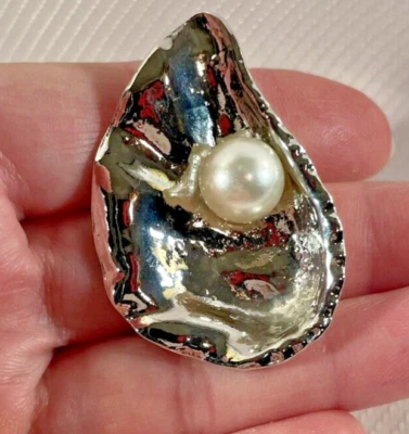 Oyster Shell Pearl Silver Pendant Necklace 24” Chain Stainless Coastal Life NEW - Image 1 of 4