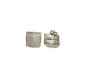 Men's Real 14K White Gold Real CZ Micro Pave 3D Square Puff Dome Stud Earrings - Picture 1 of 8
