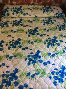1970s Vintage MCM Quilted Blue Floral King Size Bedspread New - Picture 1 of 8