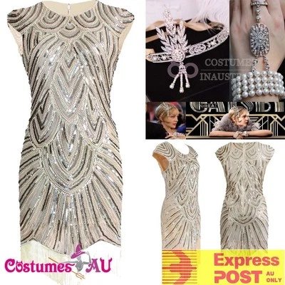 Ladies Deluxe 1920s Roaring 20s Flapper Costume Sequin Pearls Gatsby Fancy Dress - Image 1 of 4