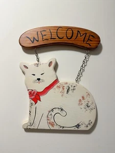 Vtg Welcome Cat Sign Handmade Plaque Hand Painted Country Primitive White Brown - Picture 1 of 9