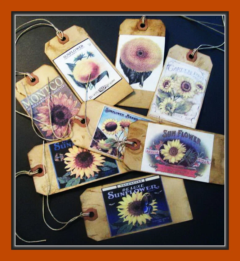 VINTAGE SUNFLOWER LABELS AND SEED PACKET DESIGN PRIMITIVE TAGS - EIGHT - SET #1 - Image 1 of 4