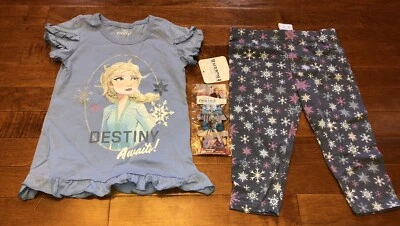 Conjunto de Conjunto Camisa y Leggings Capri Frozen Elsa Volantes Nuevo Talla 5 Inc Corbatas para el Cabello Foto 1 de 4