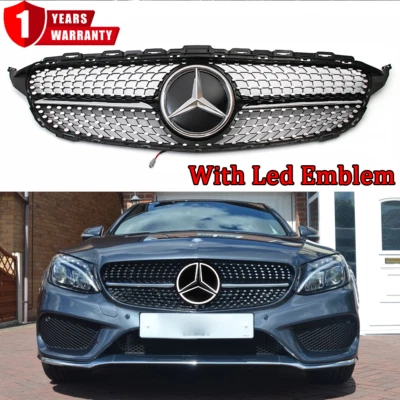Black Front Grille Grill w/LED For Mercedes Benz W205 C200 C250 C300 2015-2018 - Image 1 of 4