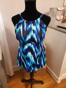 Carribean Joe Women's Tankini Top Sz 12 Colorful Slimming Blue Black - Picture 1 of 3