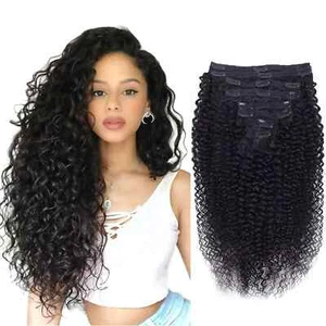 Human Hair Deep Wave Clip In Hair Extensions 8 Pcs/Set Natural Black Remy Hair - Picture 1 of 6