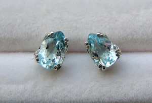 Aquamarine Earrings/ 7x5 mm Faceted Pears / 925 Sterling/ 16 Prong NEW Style - Picture 1 of 4