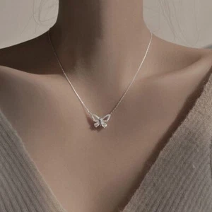 Crystal Butterfly Sliver Pendant Necklace Ladies Love Gift Women Jewellery - Imagen 1 de 10