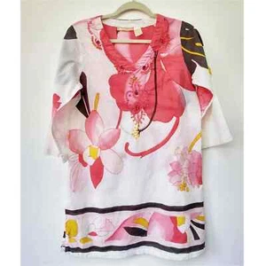 Top tunica floreale La Cera manica 3/4 100% cotone perline scollo a V bianco rosa medio - Foto 1 di 9