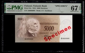 Finland 1955 - 5000 Markkaa P#94s **Specimen** PMG Superb Gem UNC 67 EPQ - Top - Picture 1 of 3