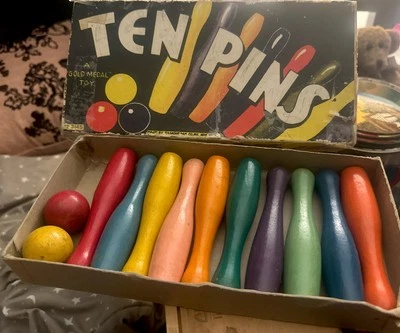 Transogram 1930’s Ten Pin Bowling Game Color Pins & Balls in Original Box - NICE - Image 1 of 4