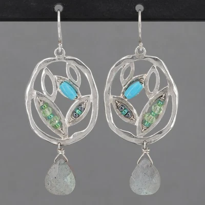 Retired Silpada Sterling Labradorite Turquoise & Seed Bead Dangle Earrings W2213 - Image 1 of 4