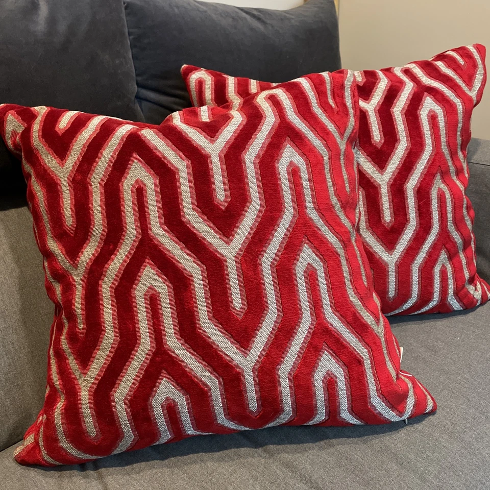 Urban Standard Set of 2 Pillows 23in Square Red Geometric Velveteen Down Inserts - Image 1 of 4
