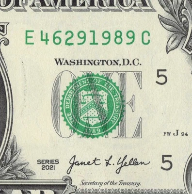 Billete del año 1989 en posición final número de serie billete de $1 dólar E46291989C Foto 1 de 4