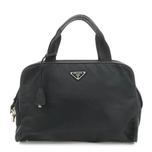 PRADA Triangle Logo Nylon Leather Hand Bag Boston Bag Black Authentic Used F/S - Picture 1 of 24