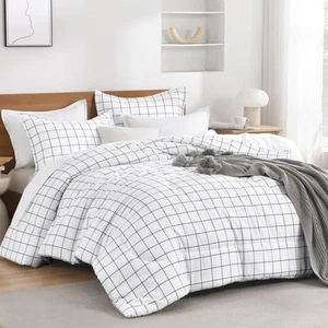 Andency Plaid Comforter Full(79x90 Inch), White Grid Gingham Bed Set for Teen... - Picture 1 of 7