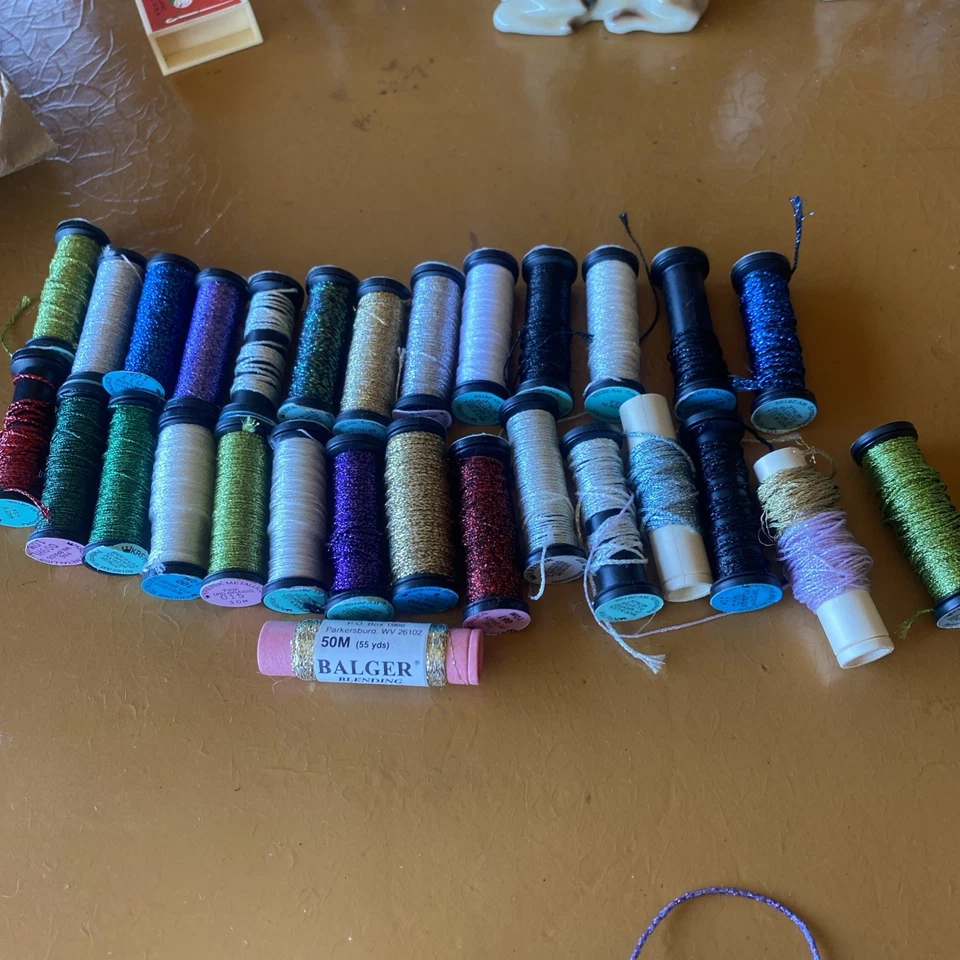 Lot of 29 spools of Kreinik metallic thread gold silver red blue green 8 12 Fine - Image 1 of 3