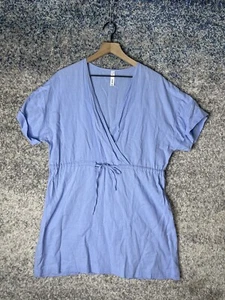 Abito MNG Mango Lino Savana Taglia M Scollo V Surplice Coulisse Vita Blu - Foto 1 di 6