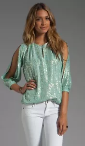 Top Diane von Furstenberg Astor Metálico Estampado Seda Hombro Frío Azul 6 Usado en Excelente Condición - Imagen 1 de 5