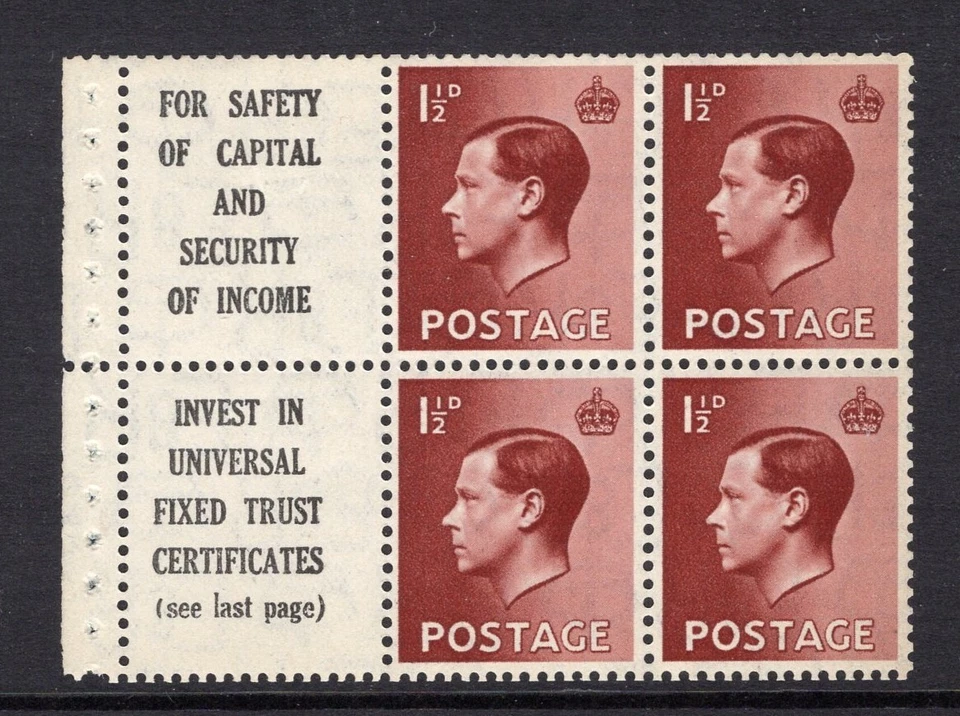1936 1½d RED BROWN KEVIII ADVERT 'SAFETY OF CAPITAL' BOOKLET PANE. SG 459aw - Изображение 1 из 1