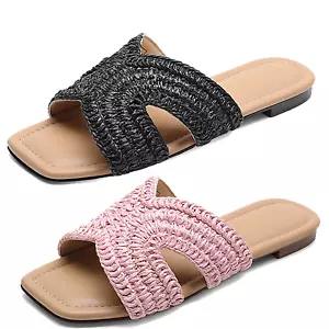 Women Square Open Toe Slide Sandals Summer Comfortable Slip On Flat Sandals - Picture 1 of 16