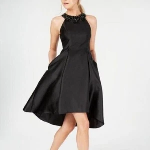 Adrianna Papell Mikado Black Formal Dress Size 2 NWT Beaded Hi Low Pockets - Picture 1 of 12