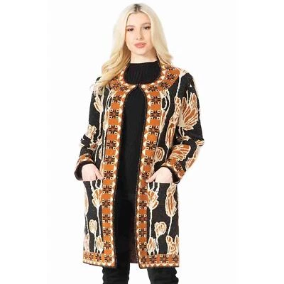 Nuevo con etiquetas Cárdigan Vertigo Paris Negro Naranja Marfil Floral Largo Frente Abierto Grande Foto 1 de 4