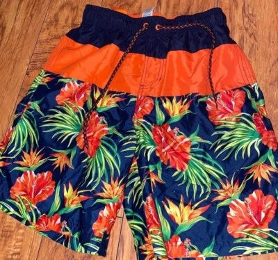 Faded Glory Men's sz M Blue / Orange Tropical Hibiscus Swim Trunks  - Image 1 of 4