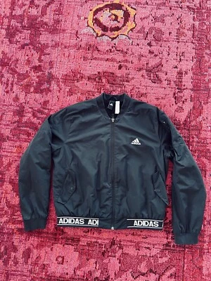 ADIDAS jacket black white logo print out plush lined Large - Image 1 of 4