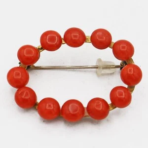 Vintage Gold-tone Red Coral Open Oval Brooch Pin - Picture 1 of 4