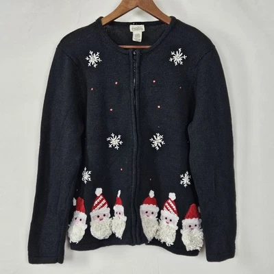 Cardigã Classic Elements preto Natal com zíper com Papai Noel e flocos de neve GG - Imagem 1 de 4