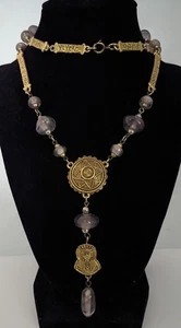 Vtg Unsigned Goldette ? Purple Glass Gold Tone Egyptian Revival Panel Necklace - Picture 1 of 13