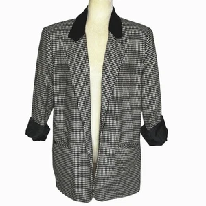 Blazer Vintage Mezcla Lana Pata de Gallo Negro Cuello Terciopelo Talla Grande 14 - Imagen 1 de 12