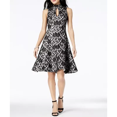 JAX Dress Womens 4 Black White Sleeveless Lace Fit & Flare Party Keyhole Neck - Image 1 of 4