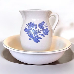 Pfaltzgraff Yorktowne Stoneware Pitcher & Bowl Basin Set USA Blue Floral Pioneer - Picture 1 of 7