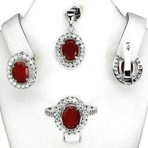 Parure Cornaline orange Argent 925. Pendentif + chaine, bague, boucles d'oreille - Picture 1 of 1