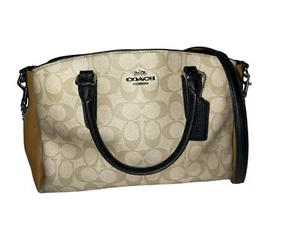 COACH Signature Crossbody Handbag Purse Bag Tan Black Trim - Picture 1 of 8