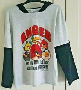 Boys Angry Birds Grey And Black Layered and Hooded T-Shirt Age 9 Years Worn Once - Picture 1 of 5